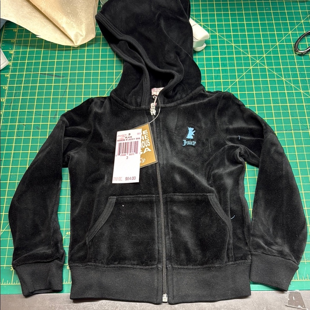 Juicy Couture Girls' Black Velour Zip Hoodie with Blue Logo